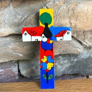 Wood Cross El Salvador Hand Painted Christian Art Religious Landscape Flower